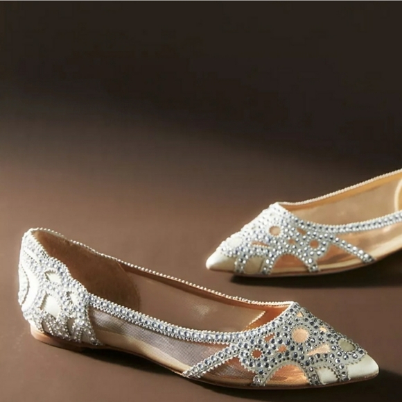 New Badgley Mishka Gigi Pointed Toe Crystal Evening Flats Size 9.5M Ivory - Picture 2 of 10